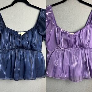 Lot of 2 Thirty/Thirty L.A. Puff Sleeve Peplum Satin Milkmaid Square Neck Blouse